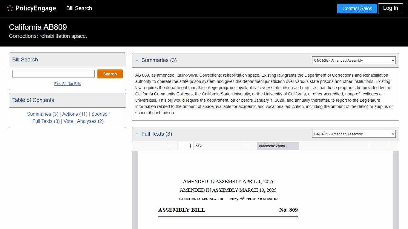 AB809 California 2025-2026 Corrections: rehabilitation space. - Legislative Tracking PolicyEngage