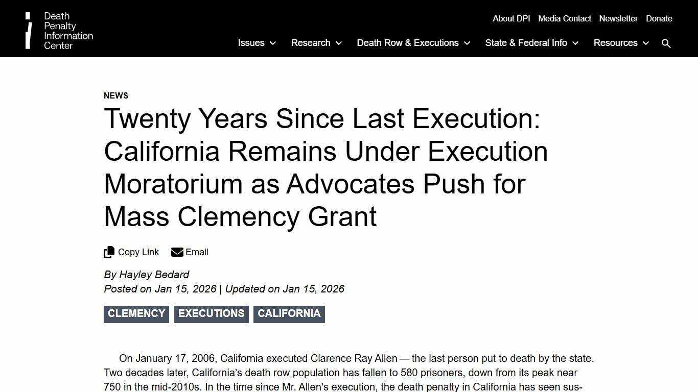 Twenty Years Since Last Execution: California Remains Under Execution Moratorium as Advocates Push for Mass Clemency Grant Death Penalty Information Center